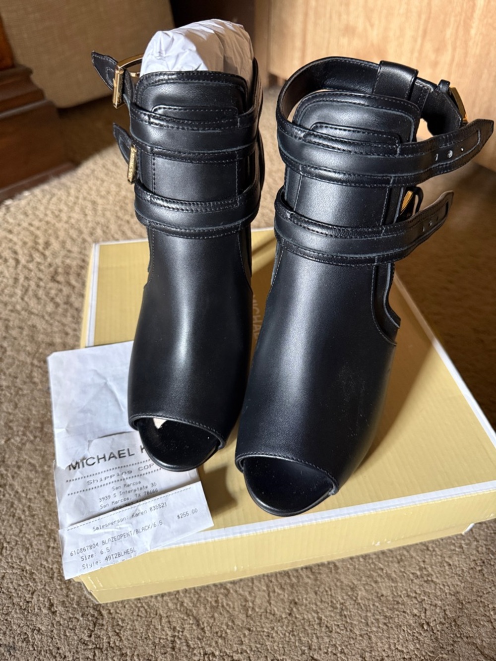 Michael Kors Black Faux Leather Peep-Toe Ankle Boots with Double Buckle Straps